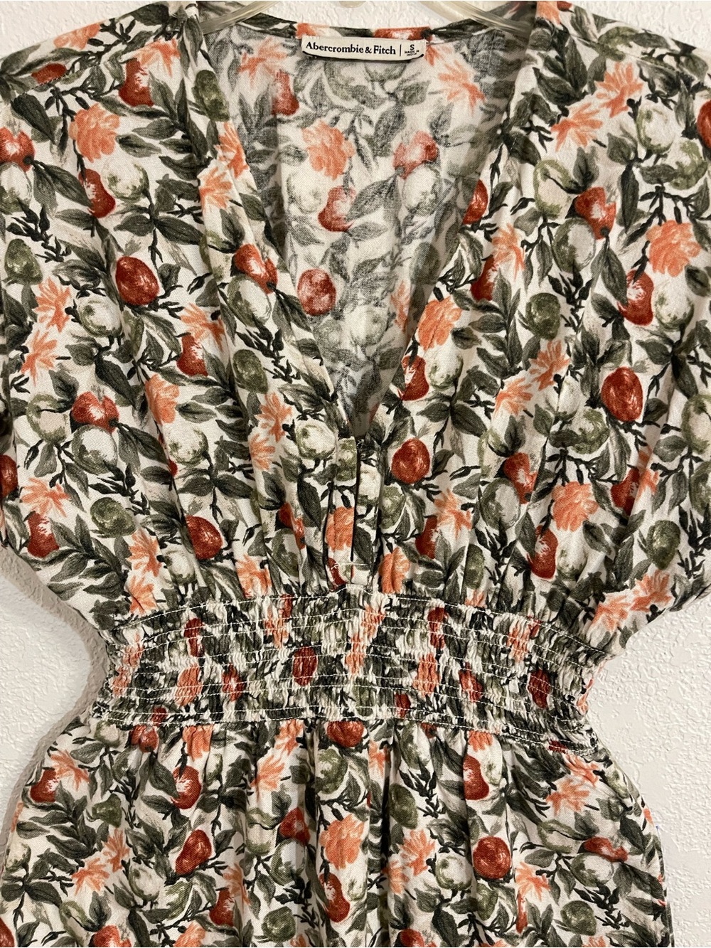 Abercrombie & Fitch Cream Mini Dress with Green Leaves & Peach Flowers - Picture 3 of 7